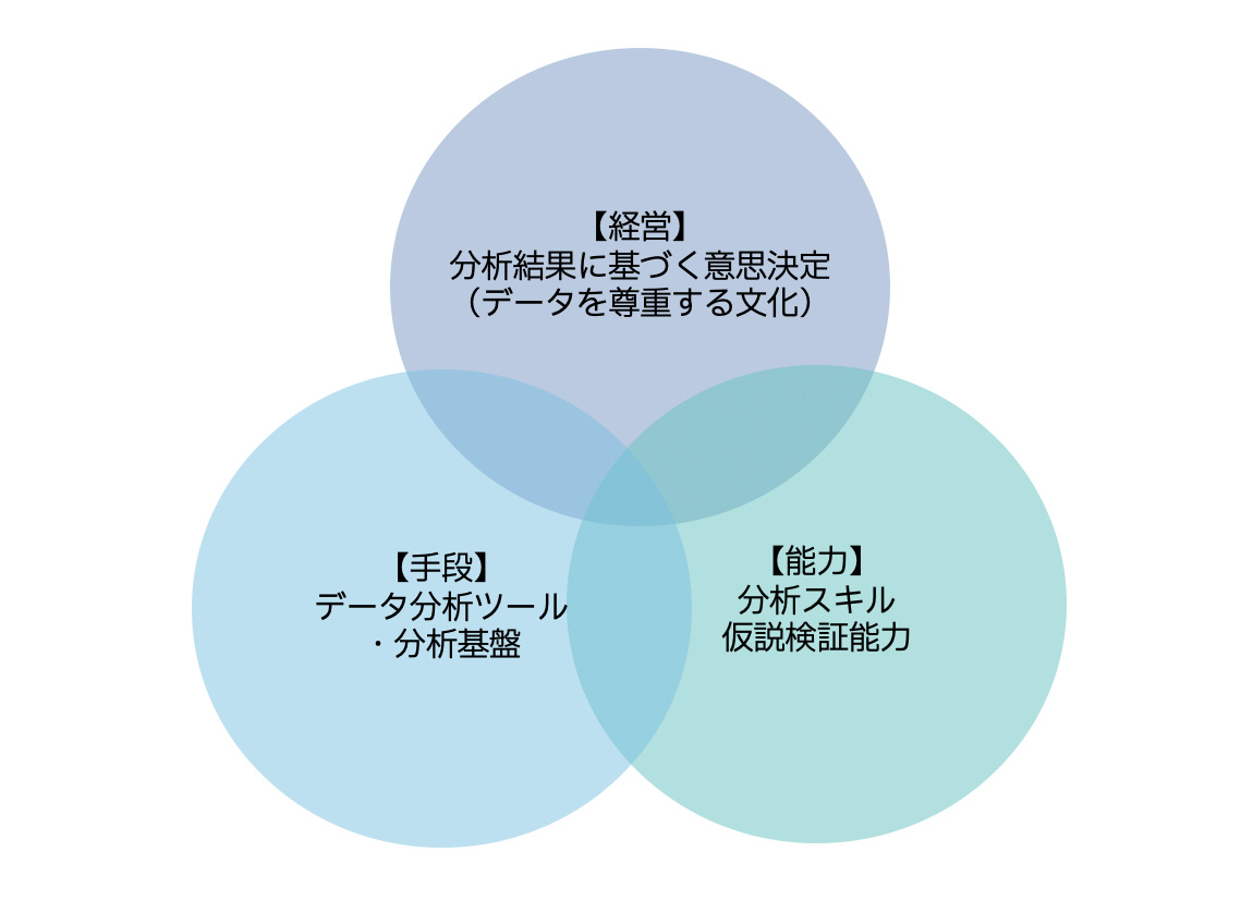 【経営】分析結果に基づく意思決定（データを尊重する文化）,【手段】データ分析ツール・分析基盤,【能力】分析スキル仮説検証能力